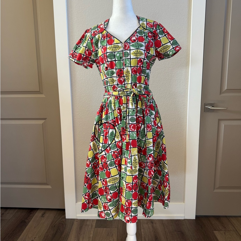 Bernie Dexter Red and Green Dress in Fruit Salad. Size L.